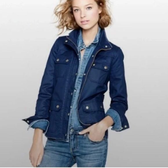 J Crew Navy Blue Gold Snap Waxed Utility Rain Jacket Sz XXS EUC - Picture 2 of 13